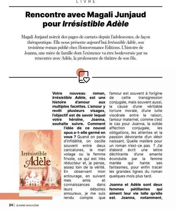 Magali-Junjaud-Jeanne-Mag-interview2 "Irrésistible Adèle", la nouvelle romance FxF de Magali Junjaud
