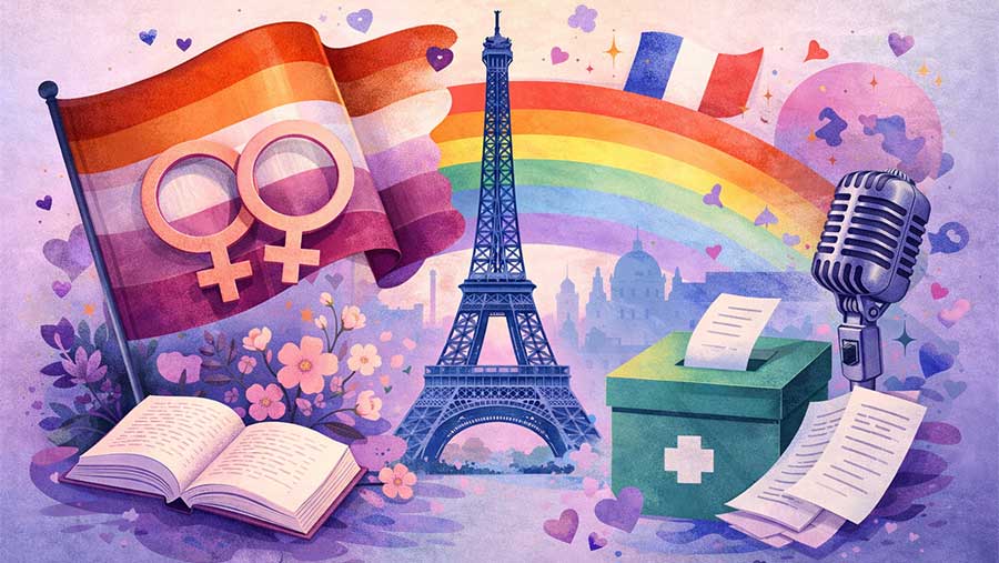 Illustration éditoriale symbolisant les lesbiennes françaises célèbres avec drapeau lesbien, tour Eiffel et symboles culturels