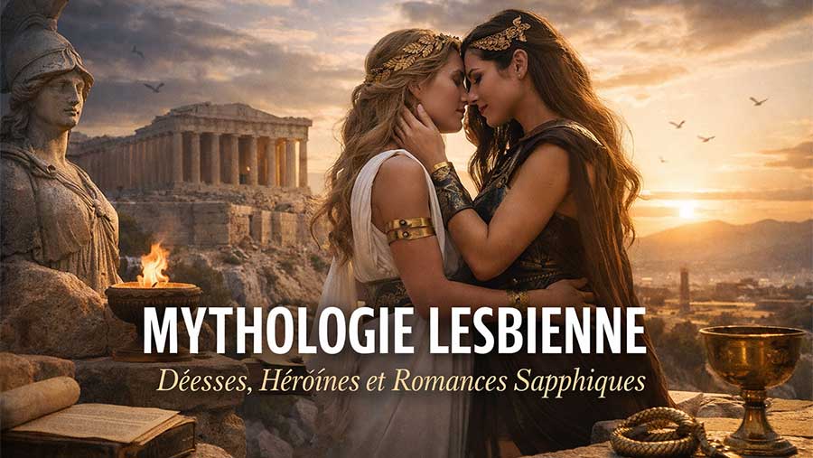 Mythologie lesbienne illustrée par deux héroïnes mythologiques inspirées de l’Antiquité, symbolisant l’amour sapphique et les déesses de la fantasy lesbienne