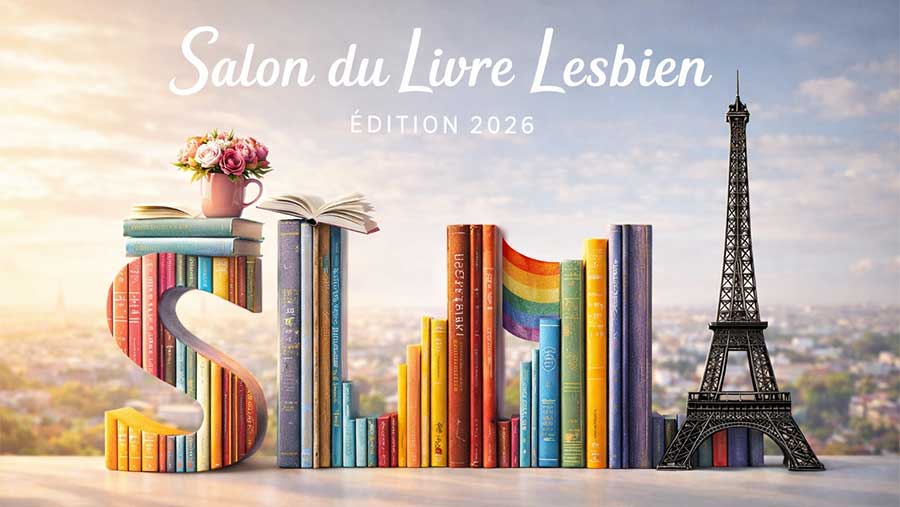 Livres colorés formant les lettres SLL pour le Salon du Livre Lesbien 2026 à Paris