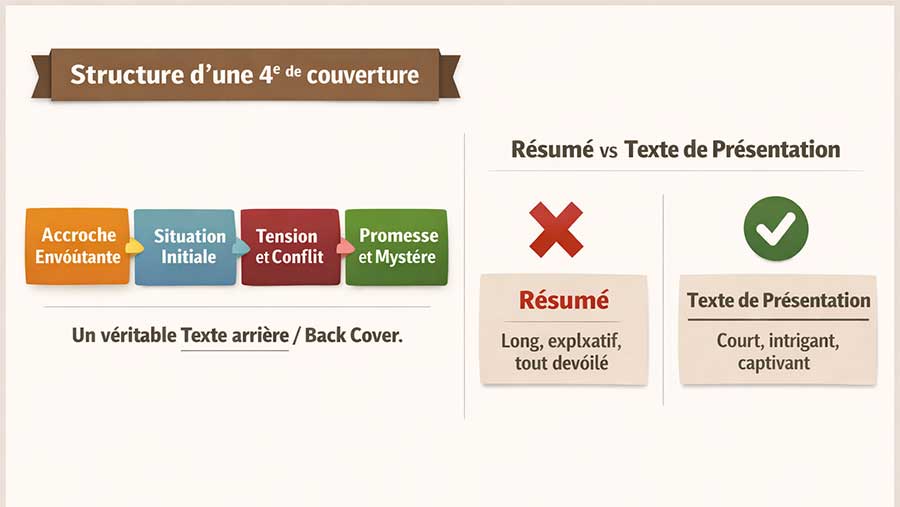 Structure d’une 4e de couverture : accroche, situation, tension et promesse narrative (texte arrière / back cover)