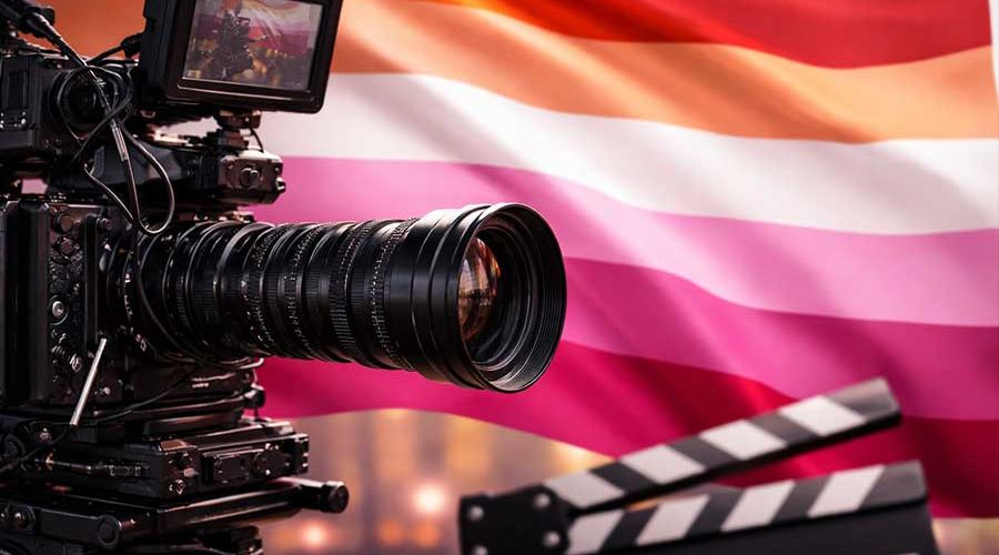 Caméra de cinéma devant un drapeau lesbien, symbole des réalisatrices lesbiennes et du cinéma queer