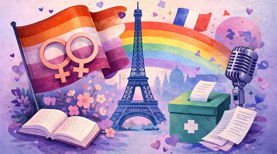 Illustration éditoriale symbolisant les lesbiennes françaises célèbres avec drapeau lesbien, tour Eiffel et symboles culturels