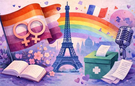 Illustration éditoriale symbolisant les lesbiennes françaises célèbres avec drapeau lesbien, tour Eiffel et symboles culturels