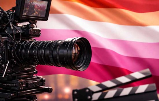 Caméra de cinéma devant un drapeau lesbien, symbole des réalisatrices lesbiennes et du cinéma queer